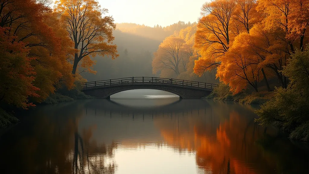 Upės kraštovaizdis su mediniais tiltais, rudens spalvos, ramūs vandenys, mediena ir aplinka